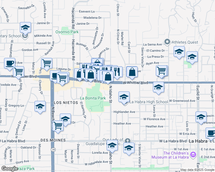 map of restaurants, bars, coffee shops, grocery stores, and more near 1240 West Whittier Boulevard in La Habra
