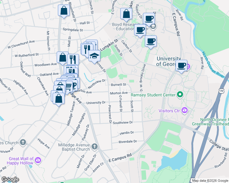 map of restaurants, bars, coffee shops, grocery stores, and more near 485 Pinecrest Drive in Athens