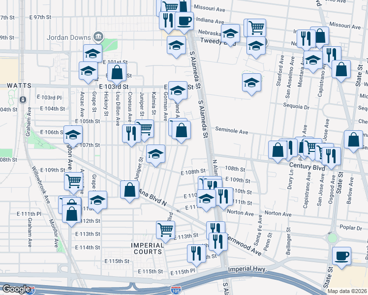 map of restaurants, bars, coffee shops, grocery stores, and more near 2368 East 107th Street in Los Angeles