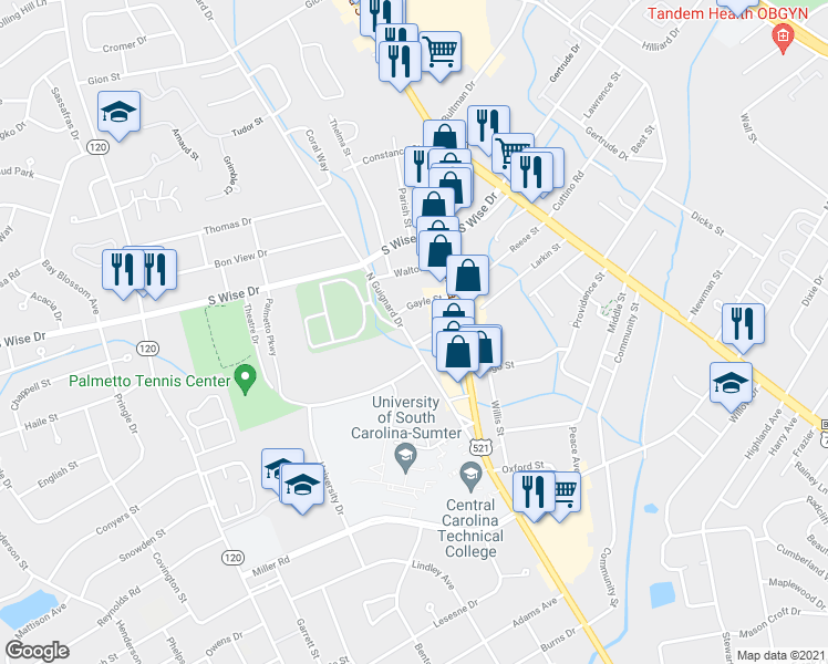 map of restaurants, bars, coffee shops, grocery stores, and more near 119 Dorcel Street in Sumter