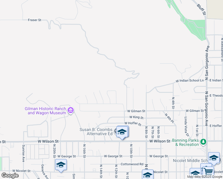 map of restaurants, bars, coffee shops, grocery stores, and more near 1249 Butterfly Way in Banning