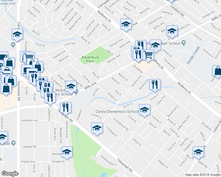 map of restaurants, bars, coffee shops, grocery stores, and more near 14052 Reis Street in Whittier