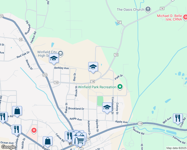 map of restaurants, bars, coffee shops, grocery stores, and more near 601 County Road 14 in Winfield