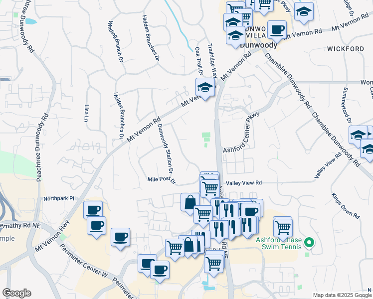 map of restaurants, bars, coffee shops, grocery stores, and more near 1109 Santa Fe Station in Dunwoody
