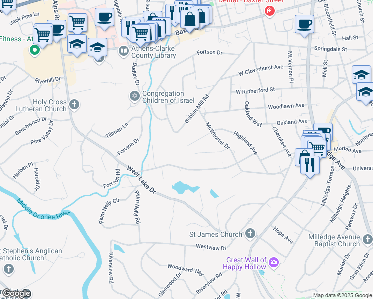 map of restaurants, bars, coffee shops, grocery stores, and more near 604 Highland Avenue in Athens