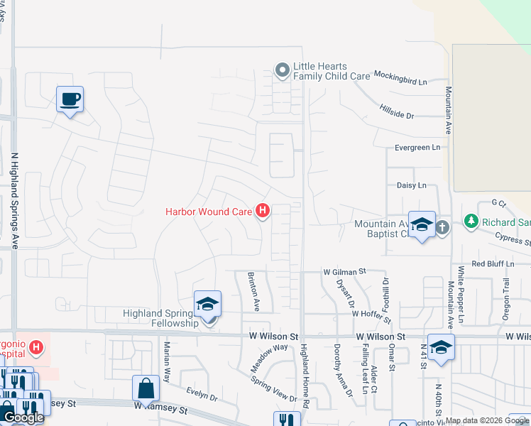 map of restaurants, bars, coffee shops, grocery stores, and more near 1489 Goldenbrush Way in Banning