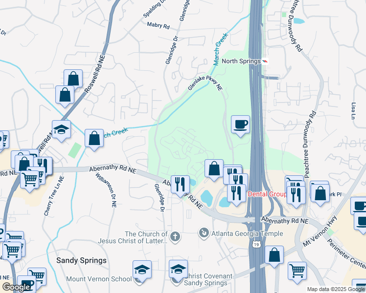 map of restaurants, bars, coffee shops, grocery stores, and more near 6790 Encore Boulevard in Sandy Springs
