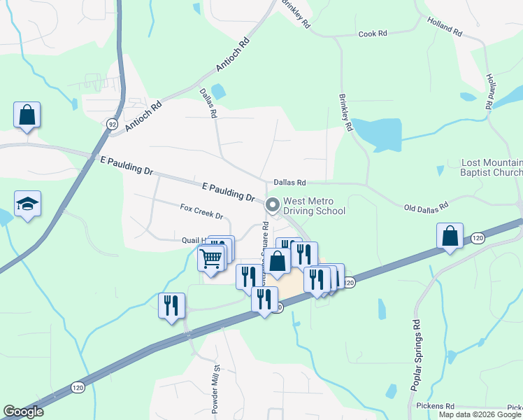 map of restaurants, bars, coffee shops, grocery stores, and more near 4550 East Paulding Drive in Dallas