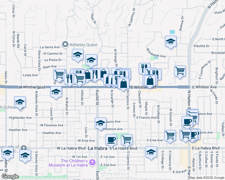 map of restaurants, bars, coffee shops, grocery stores, and more near 766 North Orange Street in La Habra