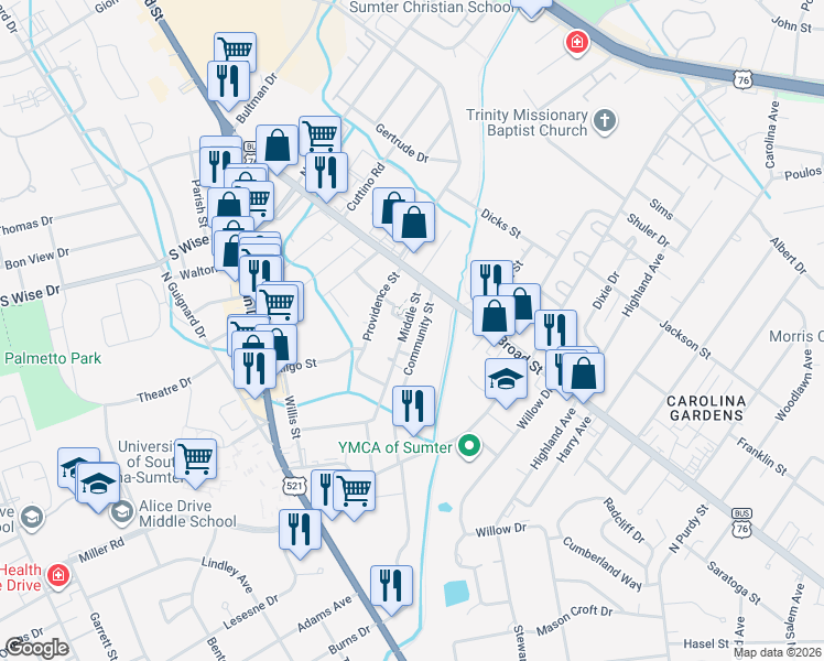 map of restaurants, bars, coffee shops, grocery stores, and more near 21 Middle Street in Sumter