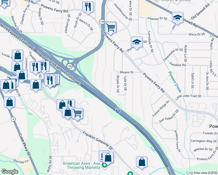 map of restaurants, bars, coffee shops, grocery stores, and more near 2110 Meadowbrook Lane Southeast in Marietta