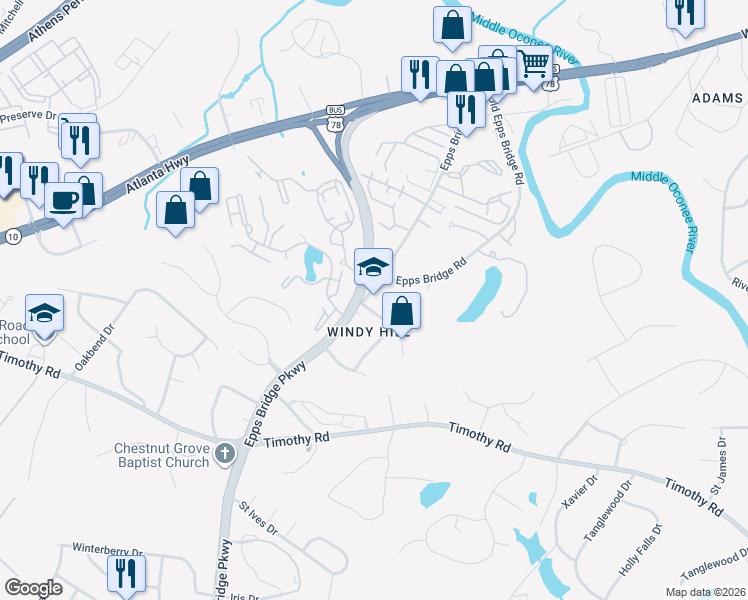 map of restaurants, bars, coffee shops, grocery stores, and more near 461 Old Epps Bridge Road in Athens