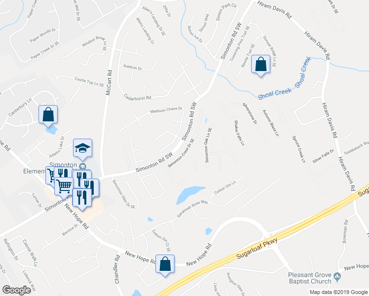 map of restaurants, bars, coffee shops, grocery stores, and more near 480 Simonton Crest Drive Southeast in Lawrenceville