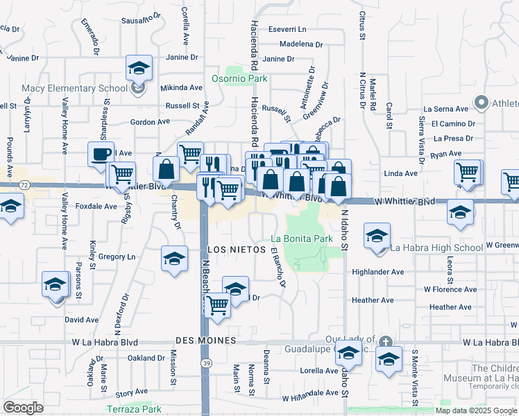 map of restaurants, bars, coffee shops, grocery stores, and more near 1631 El Rancho Drive in La Habra