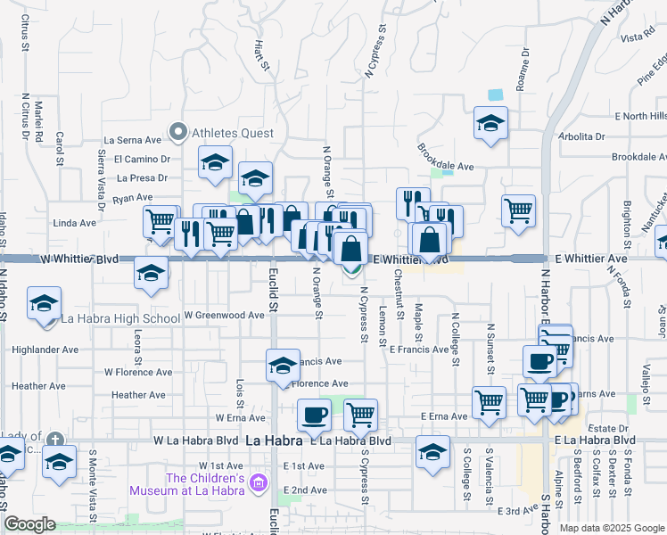 map of restaurants, bars, coffee shops, grocery stores, and more near 332 East Whittier Boulevard in La Habra