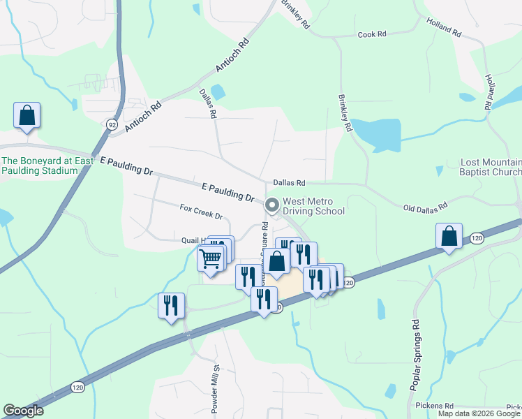 map of restaurants, bars, coffee shops, grocery stores, and more near 4550 East Paulding Drive in Dallas