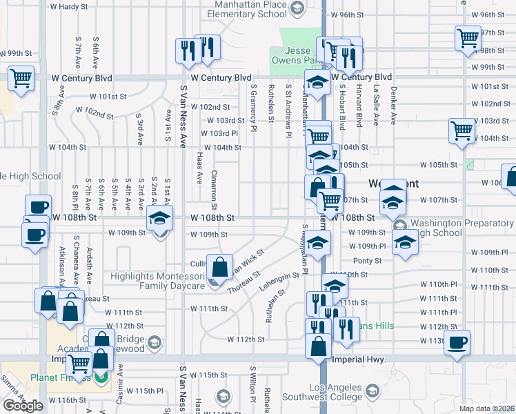 map of restaurants, bars, coffee shops, grocery stores, and more near 10640 South Gramercy Place in Los Angeles
