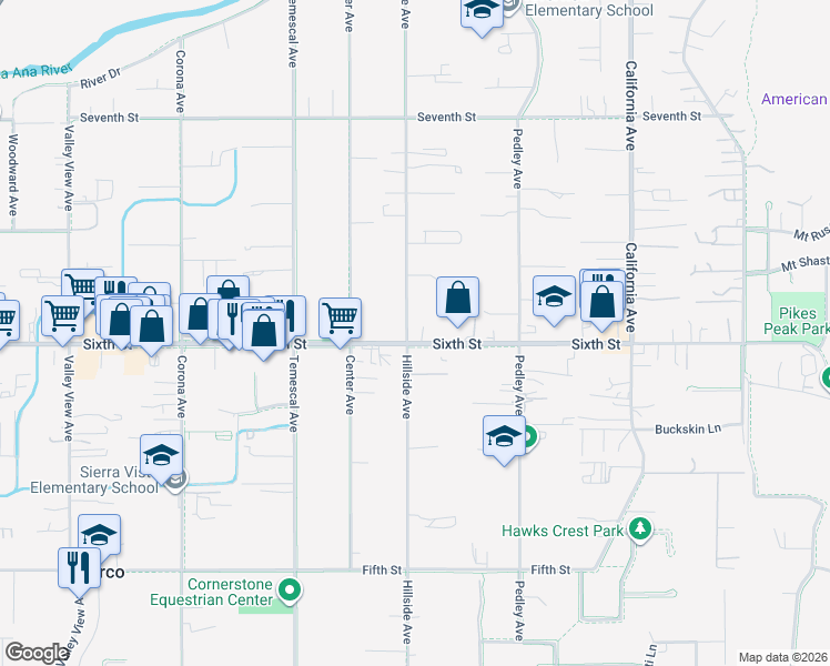 map of restaurants, bars, coffee shops, grocery stores, and more near 3931 Hillside Avenue in Norco