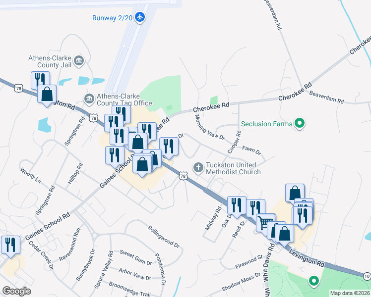 map of restaurants, bars, coffee shops, grocery stores, and more near 404 Meadow Lane in Athens