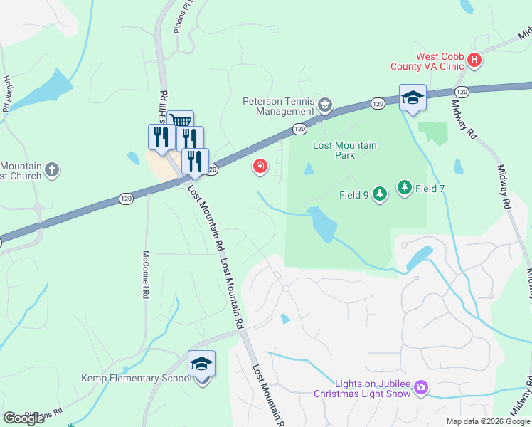 map of restaurants, bars, coffee shops, grocery stores, and more near 551 Mt Park Dr in Powder Springs