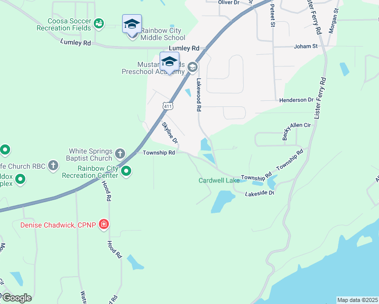 map of restaurants, bars, coffee shops, grocery stores, and more near 250 Skyline Drive in Rainbow City