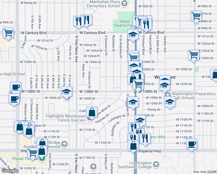 map of restaurants, bars, coffee shops, grocery stores, and more near 10640 South Gramercy Place in Los Angeles