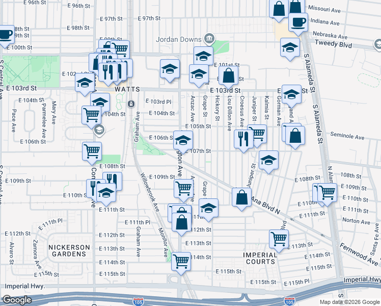 map of restaurants, bars, coffee shops, grocery stores, and more near 10703 Anzac Avenue in Los Angeles