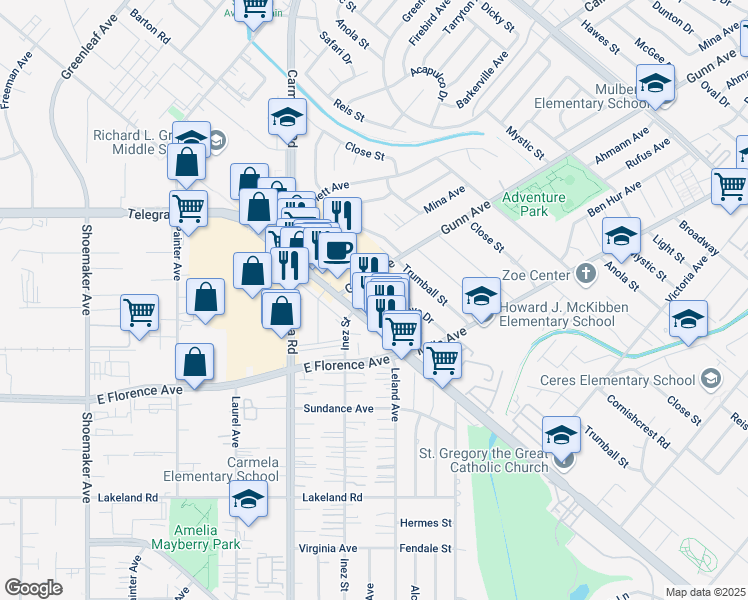 map of restaurants, bars, coffee shops, grocery stores, and more near 13624 Bentongrove Drive in Whittier