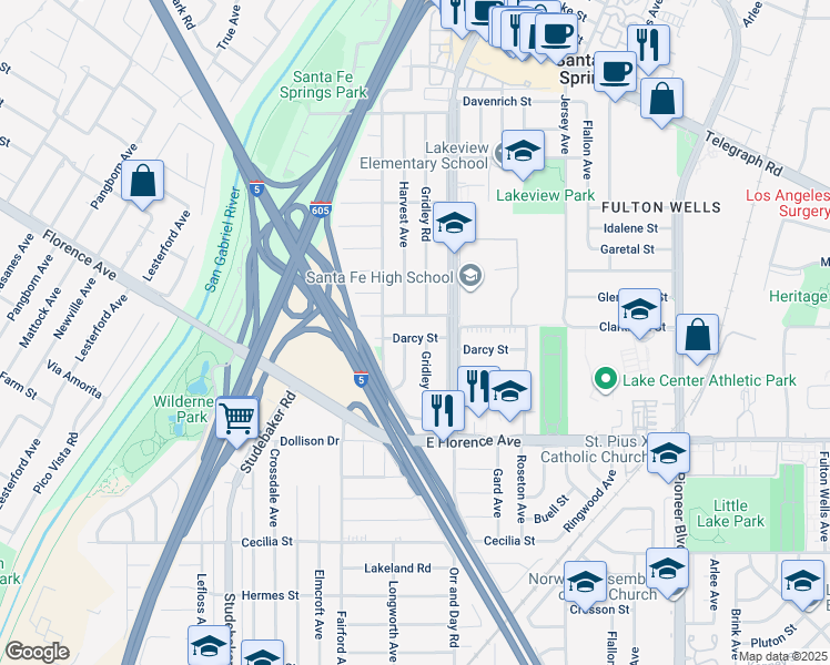 map of restaurants, bars, coffee shops, grocery stores, and more near 11333 Darcy Street in Santa Fe Springs