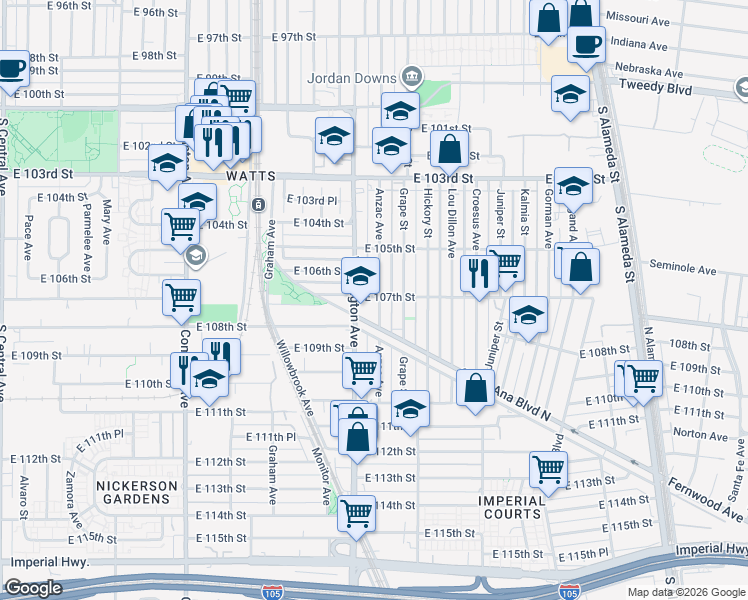 map of restaurants, bars, coffee shops, grocery stores, and more near 10703 Anzac Avenue in Los Angeles