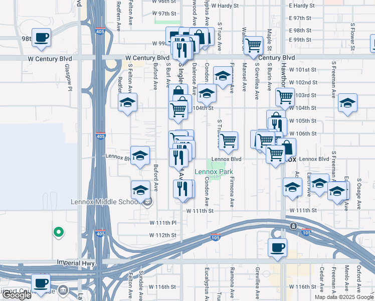 map of restaurants, bars, coffee shops, grocery stores, and more near in Inglewood