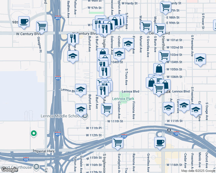 map of restaurants, bars, coffee shops, grocery stores, and more near in Lennox