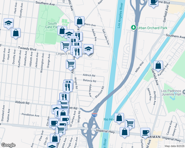 map of restaurants, bars, coffee shops, grocery stores, and more near 5265 Aldrich Road in South Gate