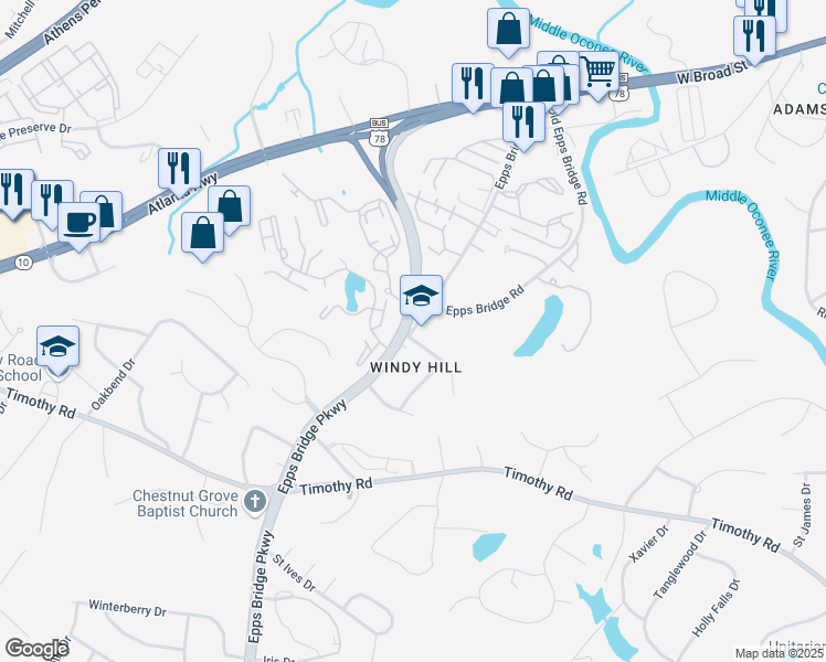 map of restaurants, bars, coffee shops, grocery stores, and more near 610 Epps Bridge Parkway in Athens