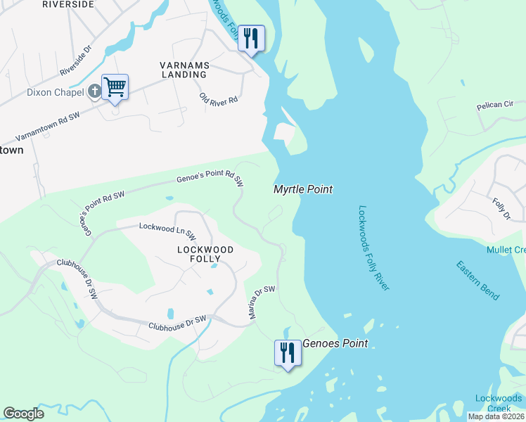 map of restaurants, bars, coffee shops, grocery stores, and more near 71 Myrtle Point Circle Southwest in Brunswick County