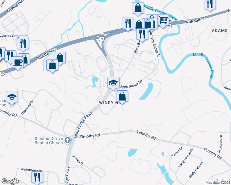 map of restaurants, bars, coffee shops, grocery stores, and more near 305 Epps Bridge Road in Athens