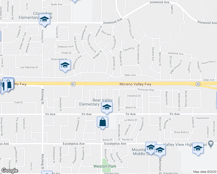 map of restaurants, bars, coffee shops, grocery stores, and more near 12522 Ninebark Street in Moreno Valley