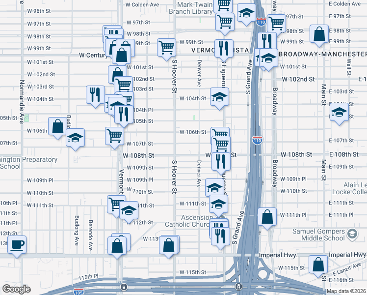 map of restaurants, bars, coffee shops, grocery stores, and more near 616 West 107th Street in Los Angeles