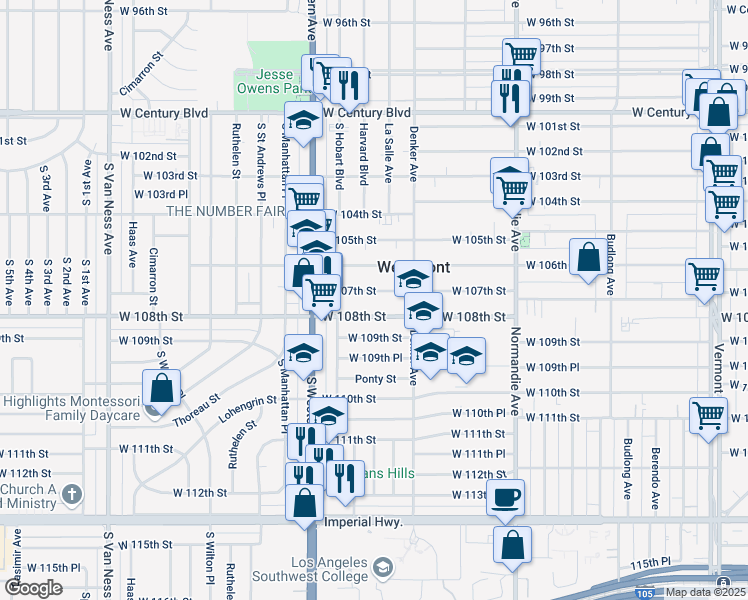 map of restaurants, bars, coffee shops, grocery stores, and more near 1650 West 107th Street in Los Angeles