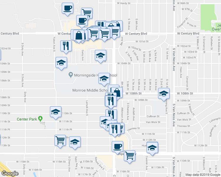 map of restaurants, bars, coffee shops, grocery stores, and more near 10711 South 10th Avenue in Inglewood