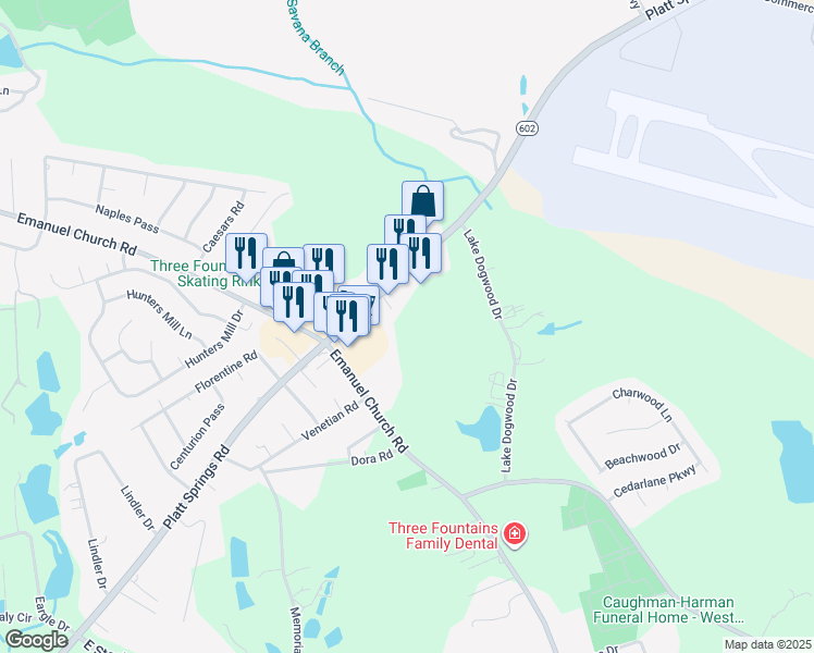 map of restaurants, bars, coffee shops, grocery stores, and more near 3965 Platt Springs Road in West Columbia