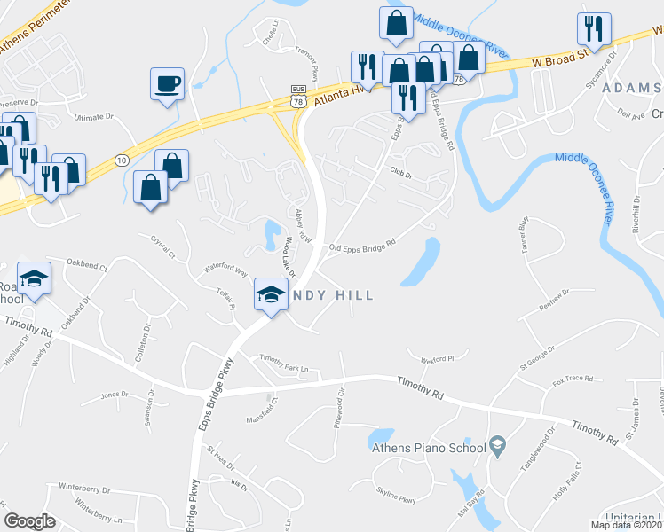 map of restaurants, bars, coffee shops, grocery stores, and more near 461 Old Epps Bridge Road in Athens