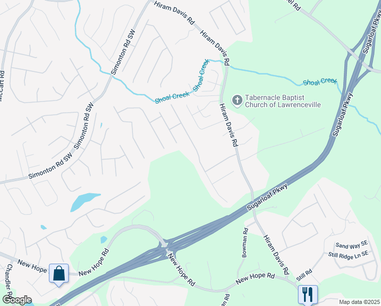 map of restaurants, bars, coffee shops, grocery stores, and more near 1093 Spruce Creek Lane in Lawrenceville