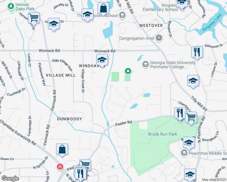 map of restaurants, bars, coffee shops, grocery stores, and more near 4833 Village North Court in Dunwoody