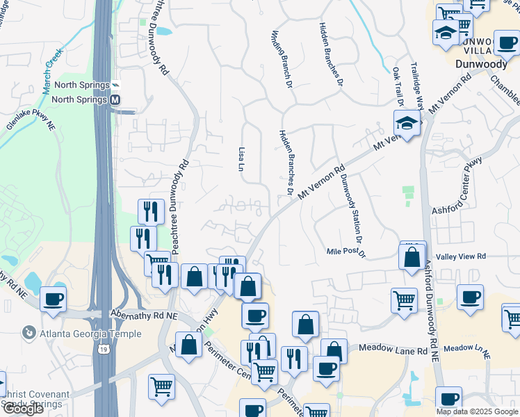 map of restaurants, bars, coffee shops, grocery stores, and more near 1 Vernon Glen Court in Dunwoody