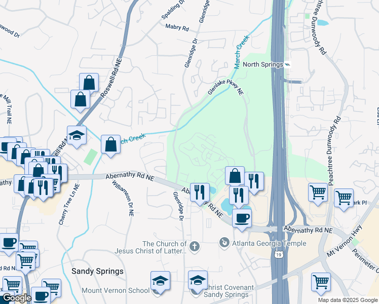 map of restaurants, bars, coffee shops, grocery stores, and more near 6701 Prelude Drive in Sandy Springs