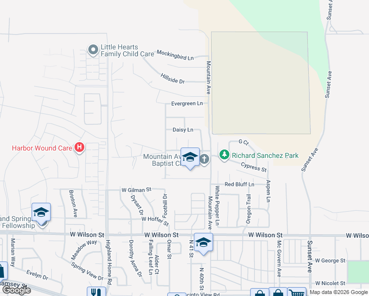 map of restaurants, bars, coffee shops, grocery stores, and more near 1505 Willow Place in Banning