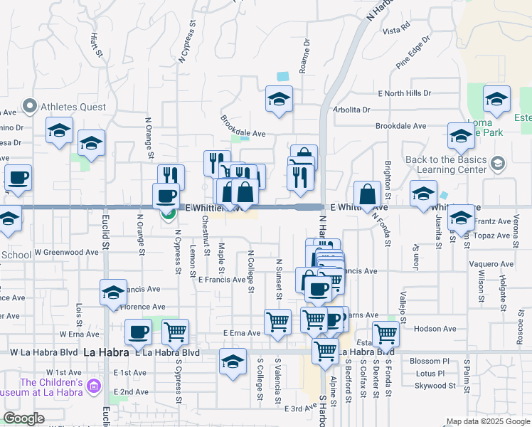 map of restaurants, bars, coffee shops, grocery stores, and more near 950 State Route 39 in La Habra