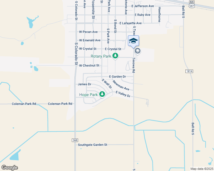 map of restaurants, bars, coffee shops, grocery stores, and more near 1214 South Wall Street in Iowa Park