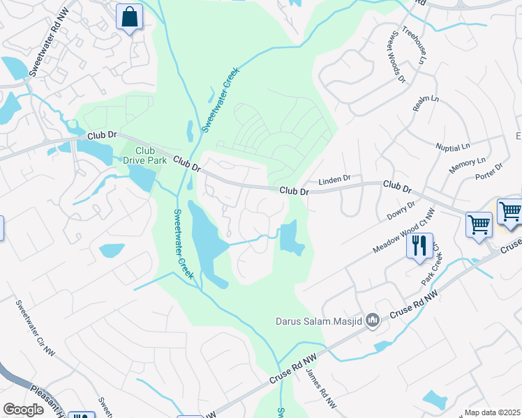 map of restaurants, bars, coffee shops, grocery stores, and more near 1075 Kibbe Circle Northwest in Lawrenceville
